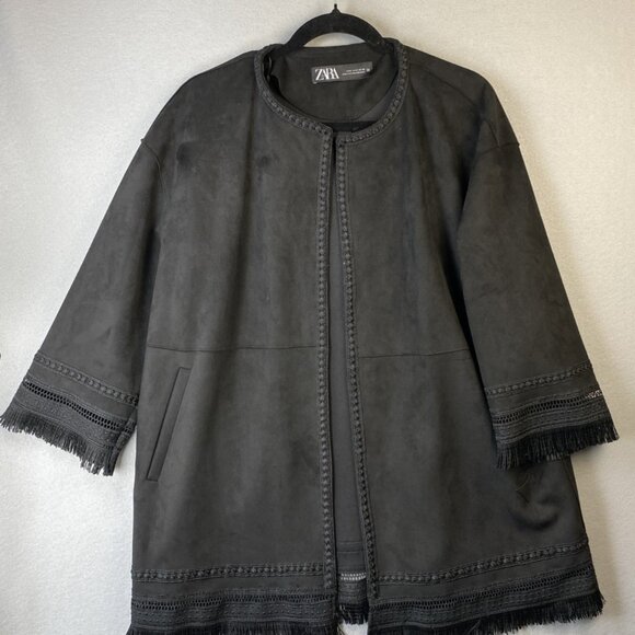 Zara Faux Suede Jacket Women's Medium‎ Black Lace Trim Boho Open Front Oversized - Picture 1 of 13